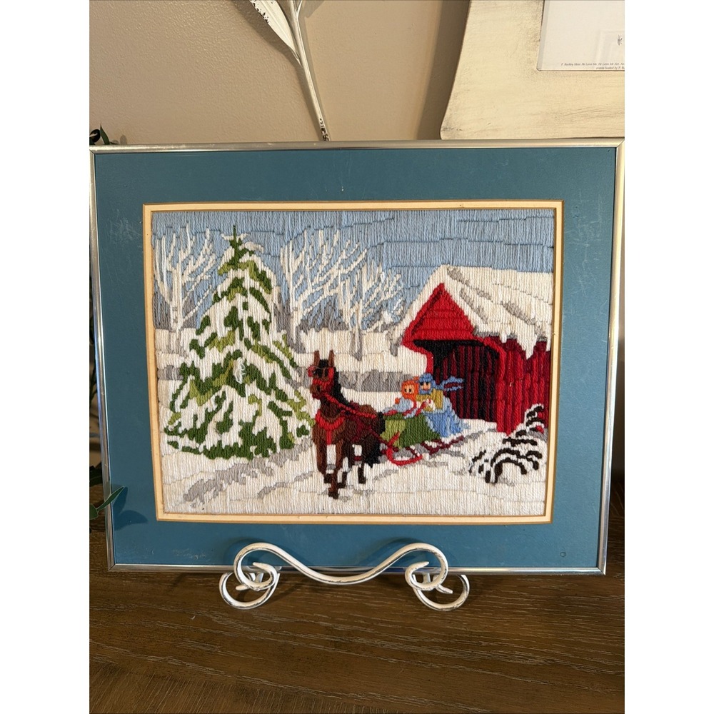 Large Original Hand Stitched Yarn Picture Framed Winter Forest Horse Sled